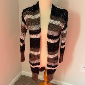 Confession Striped Open-Front Cardigan Sweater - Black, Brown & Cream